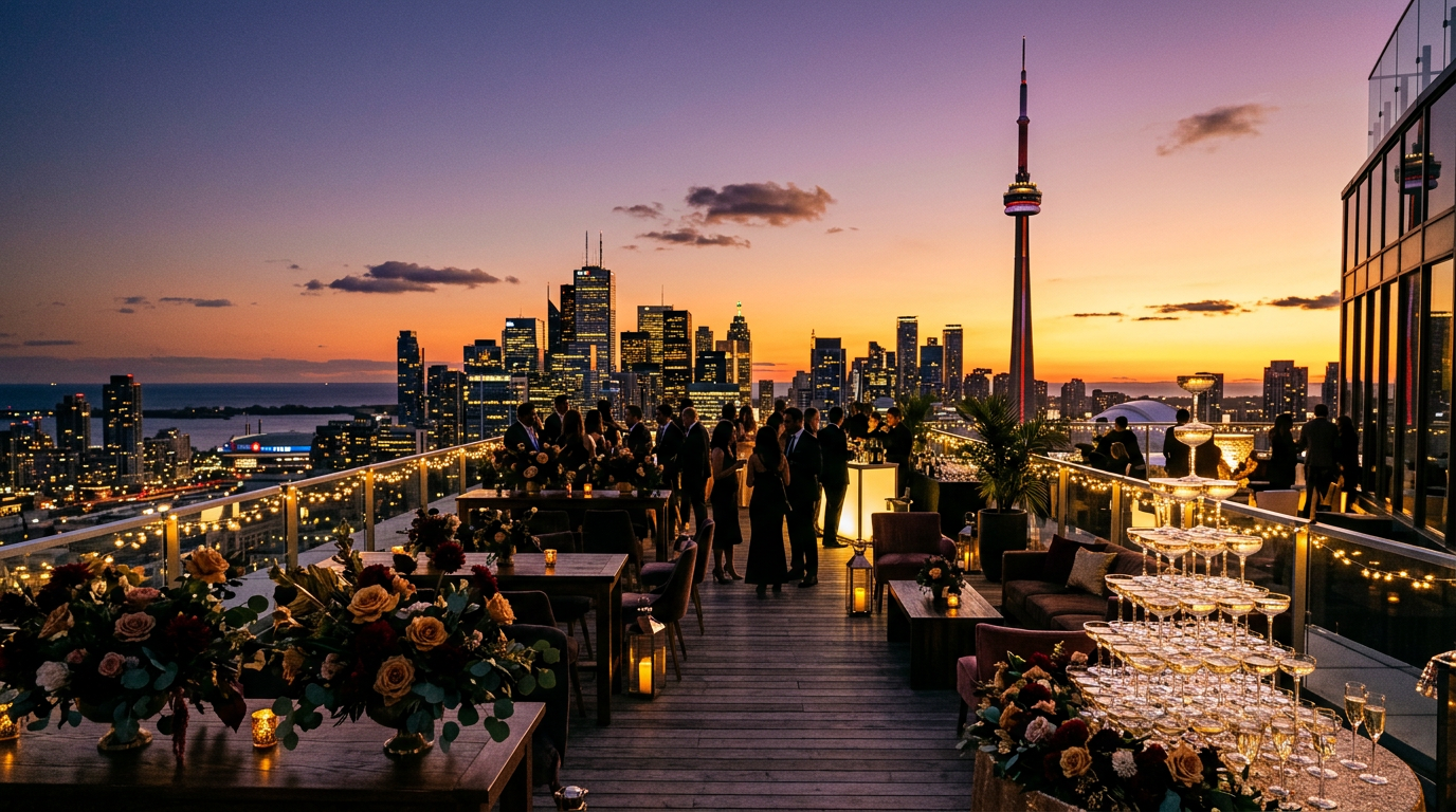 Rooftop event in Toronto at sunset